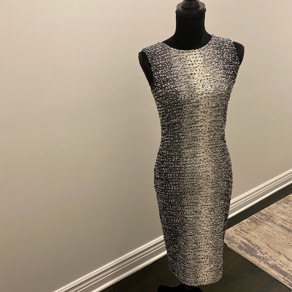 St. John Black Gray White Knit  Sheath Dress
